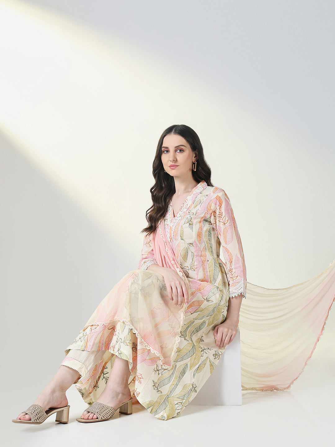 Women's Cream Floral A Line Kurta Set with Dupatta