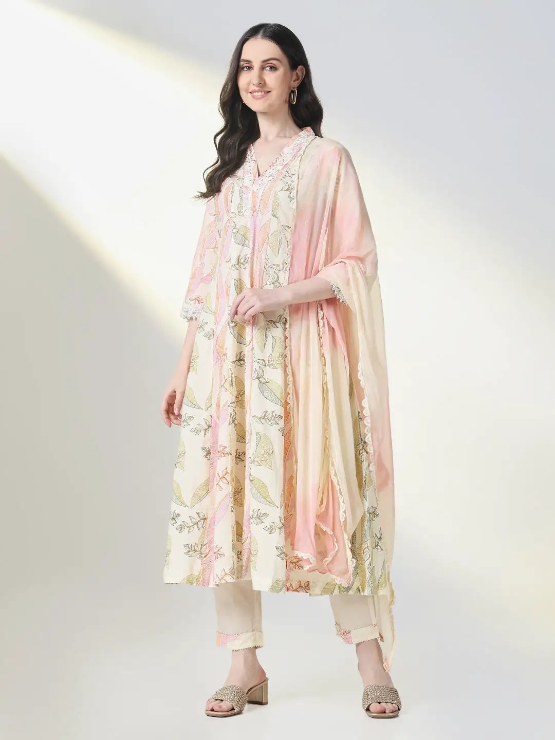 Women's Cream Floral A Line Kurta Set with Dupatta