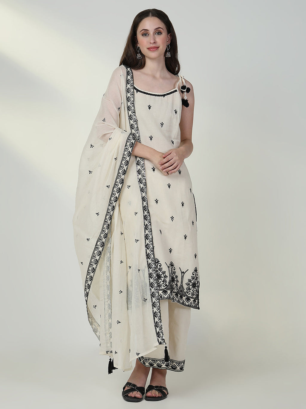 Women's Embroidered Cream Straight Kurta Set with Dupatta
