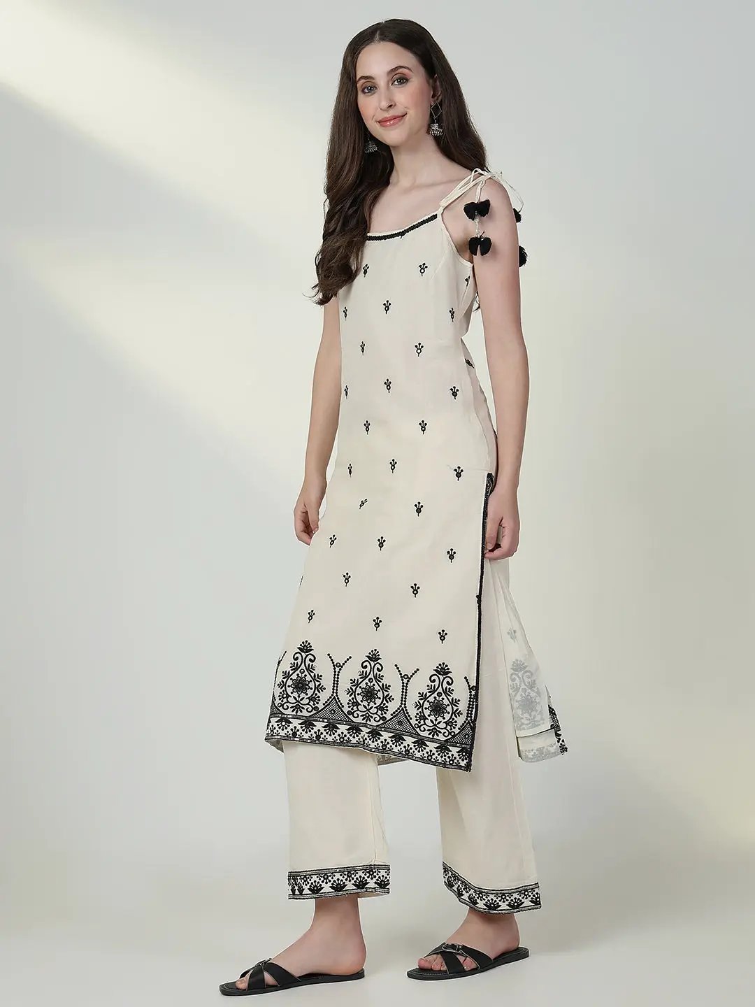 Women's Embroidered Cream Straight Kurta Set with Dupatta