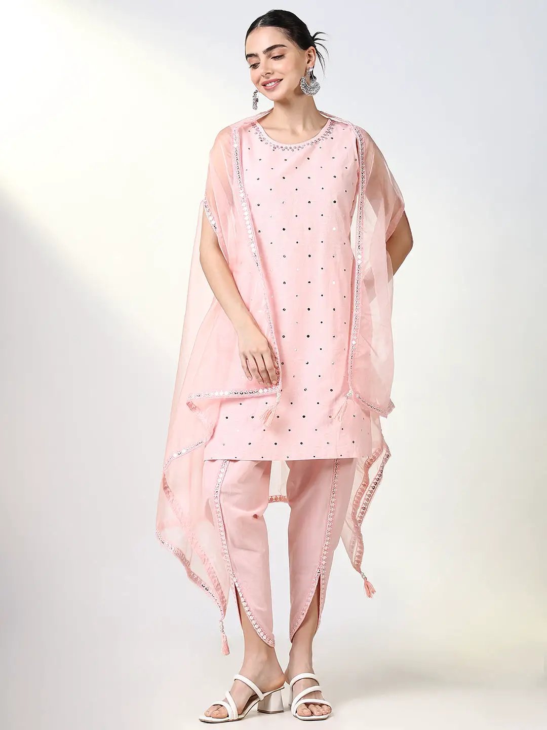 Women's Solid Peach Straight Kurta Set with Overcoat