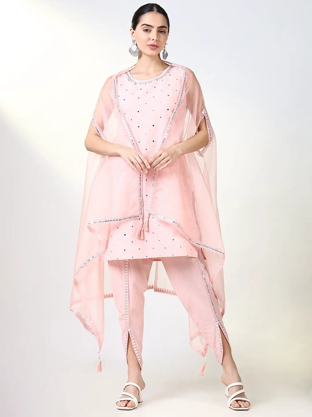 Women's Solid Peach Straight Kurta Set with Overcoat