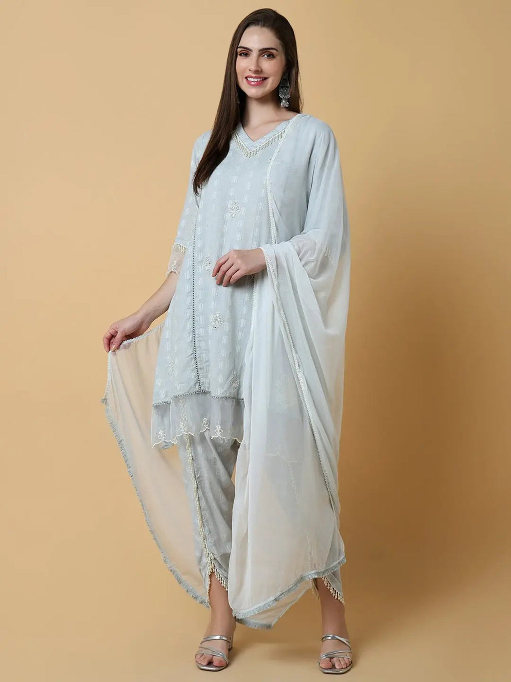 Women's Solid Grey A-Line Kurta Set with Dupatta