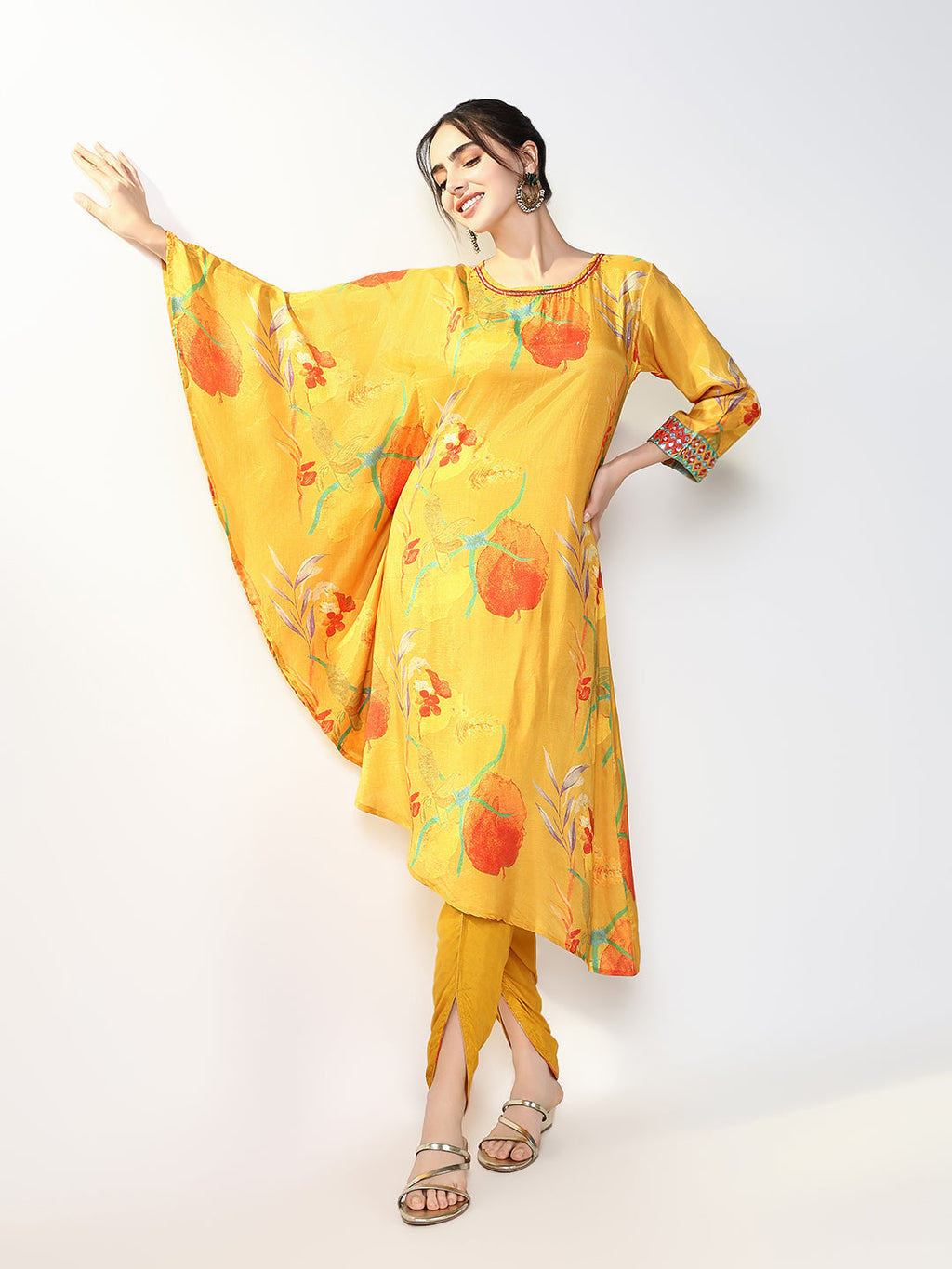 Women's Floral Yellow Kaftan Kurta Set