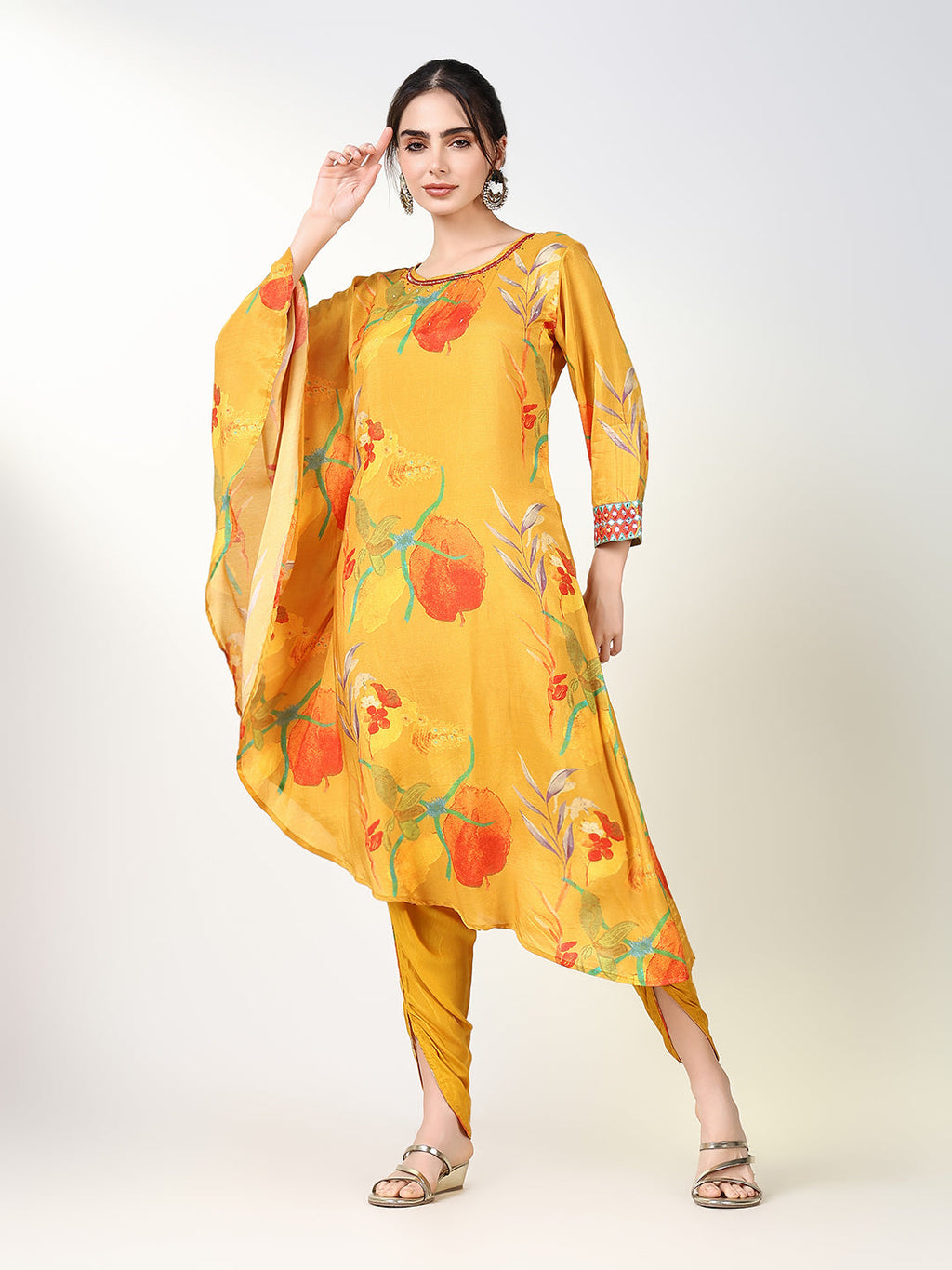Women's Floral Yellow Kaftan Kurta Set