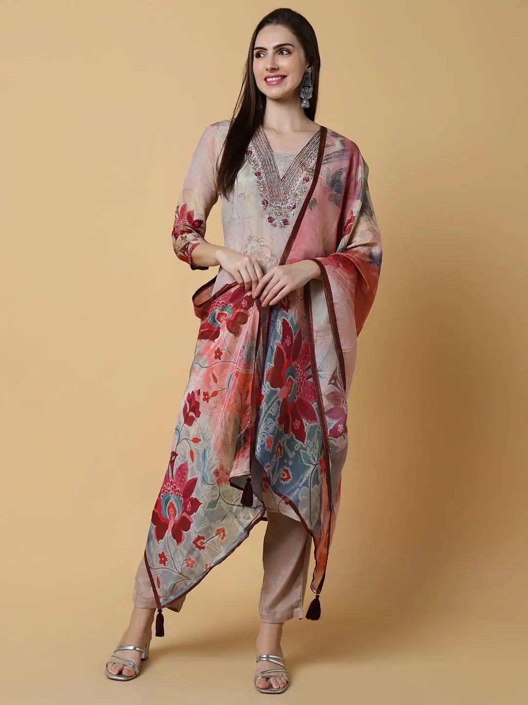 Women's Floral Beige Straight Kurta Set with Dupatta