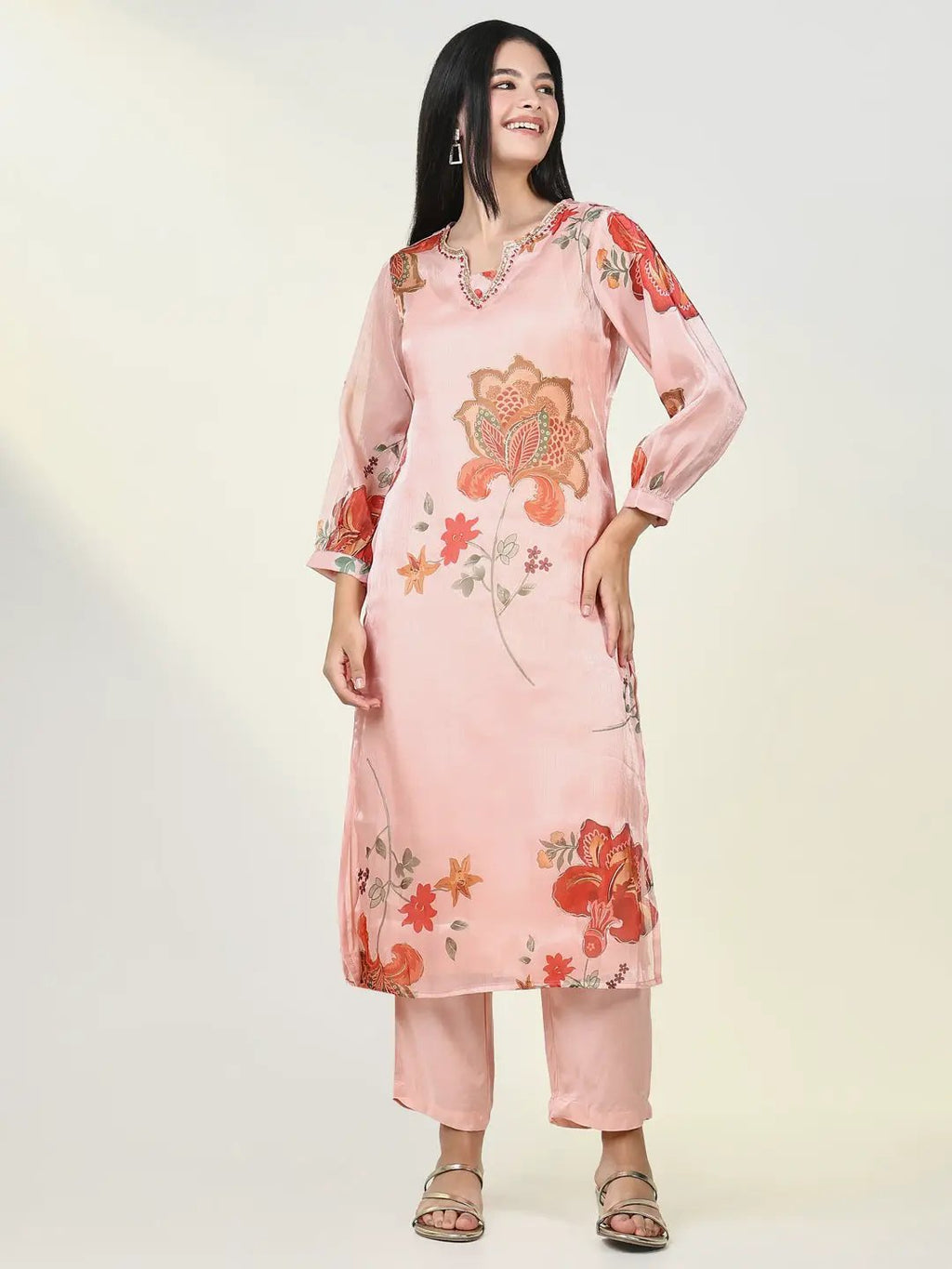 Women's Ethnic Floral Peach Kurta Set