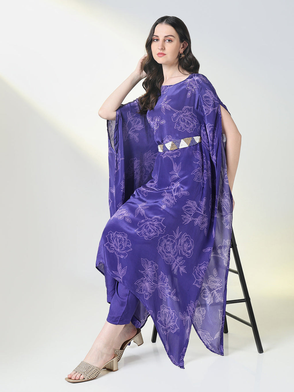 Women's Purple Floral Kaftan Kurta Set with Belt