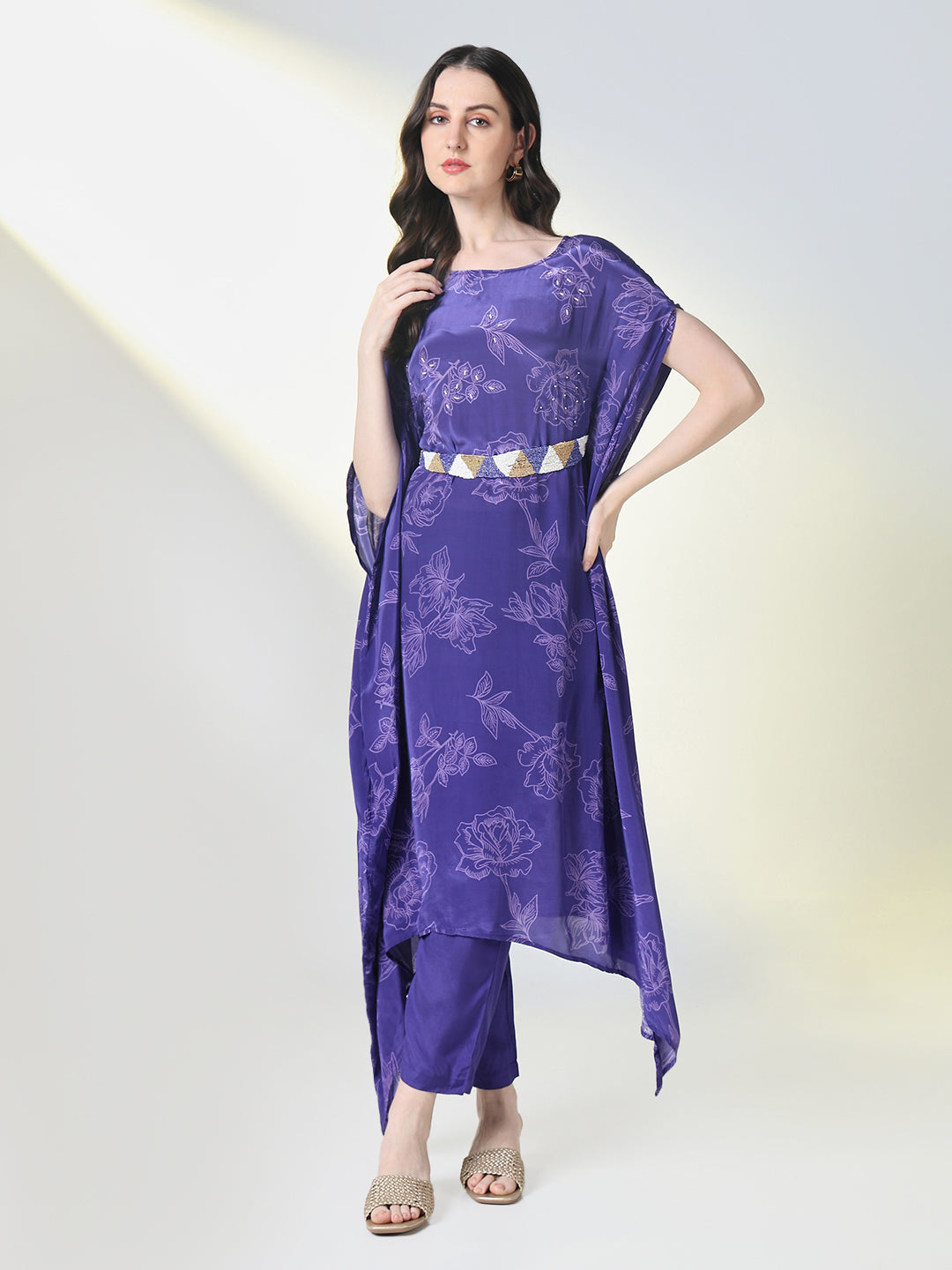 Women's Purple Floral Kaftan Kurta Set with Belt