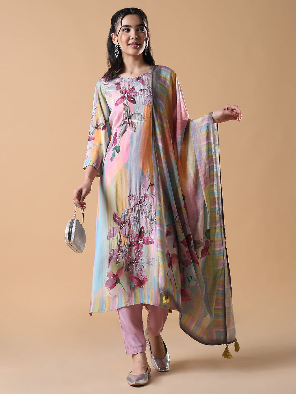 Women's Floral Straight Pink Full Sleeve Kurta Set with Dupatta