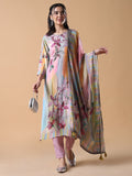 Women's Floral Straight Pink Full Sleeve Kurta Set with Dupatta