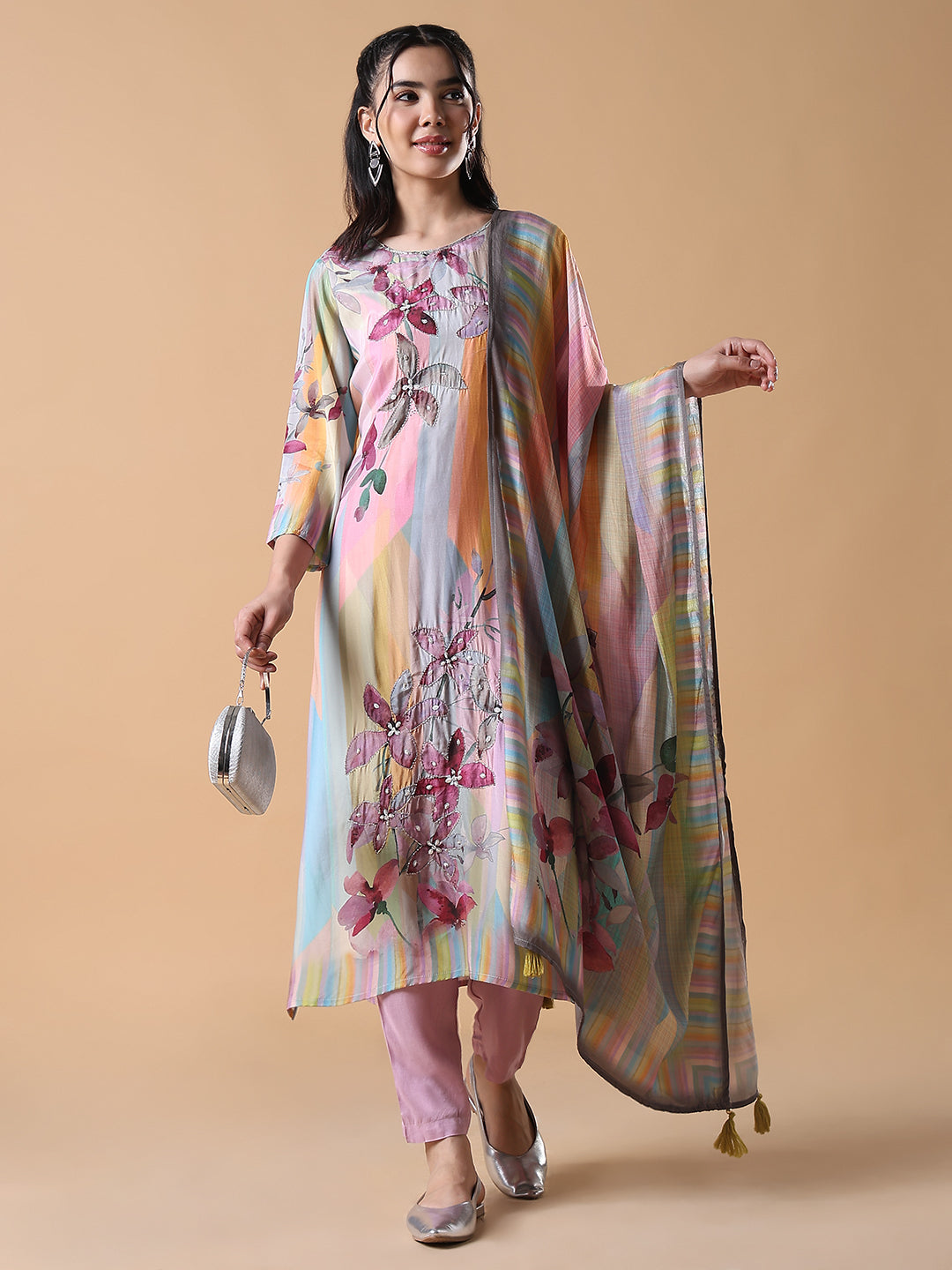 Women's Floral Straight Pink Full Sleeve Kurta Set with Dupatta