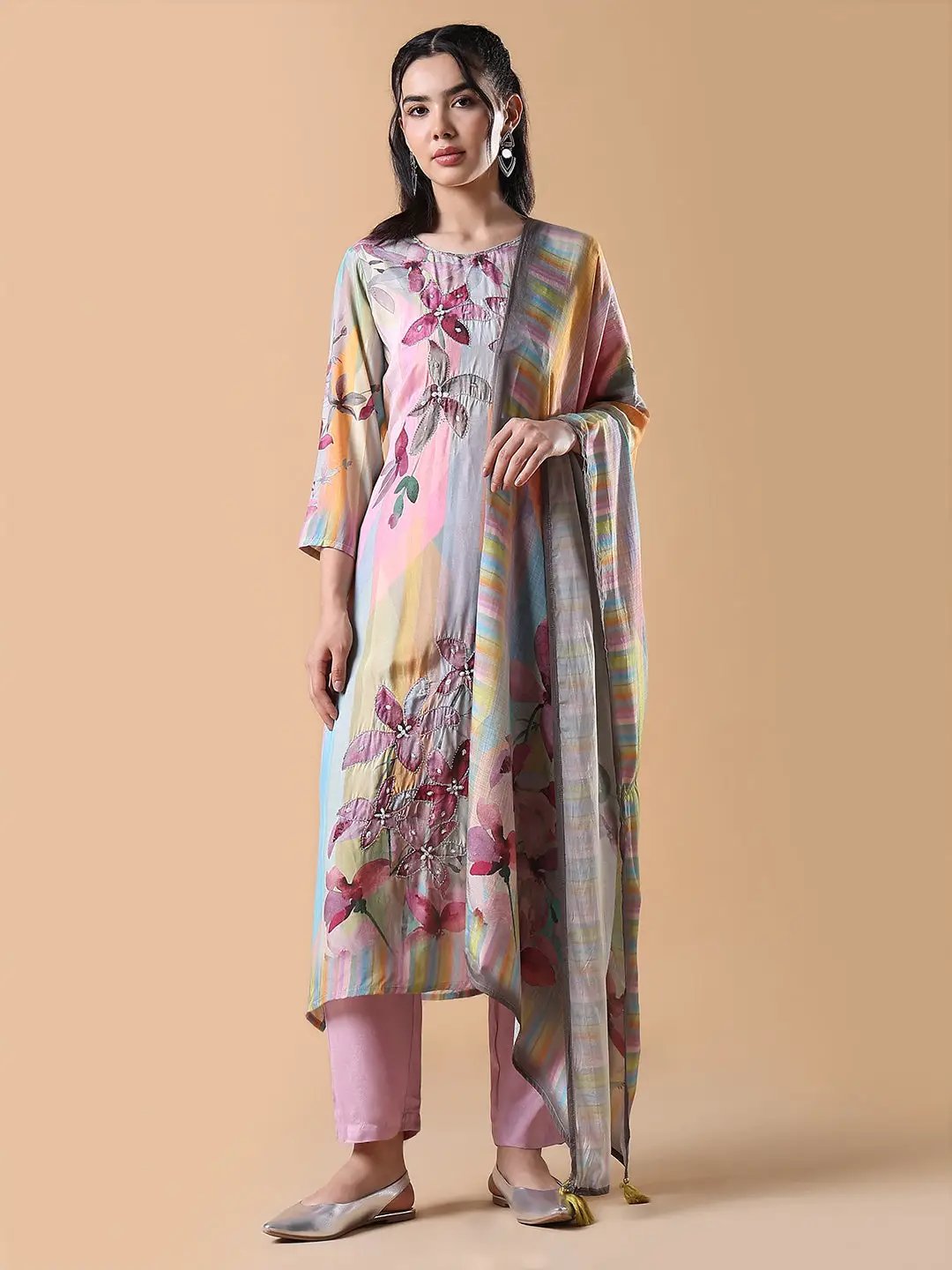 Women's Floral Straight Pink Full Sleeve Kurta Set with Dupatta