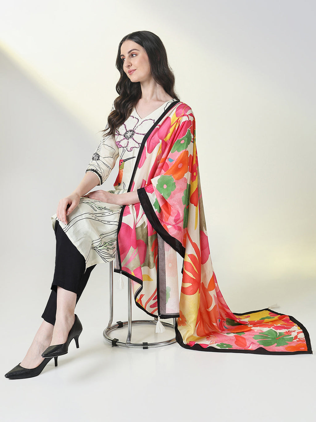 Women's Ethnic Off White Floral Straight Kurta Set with Dupatta