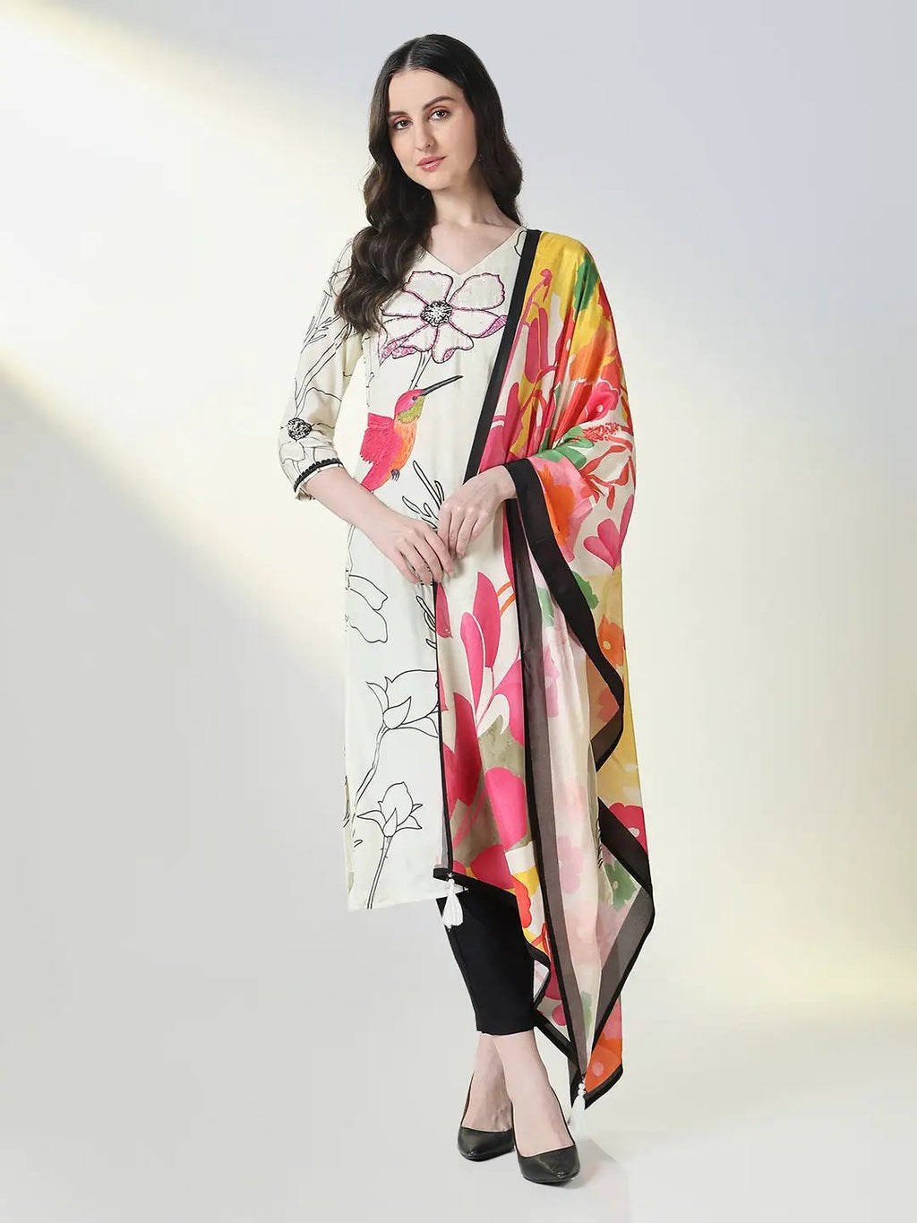 Women's Ethnic Off White Floral Straight Kurta Set with Dupatta