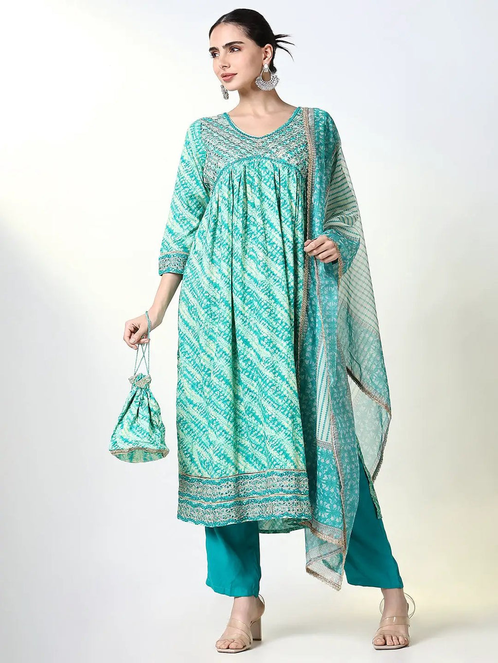 Women's Ethnic Graphic Green Anarkali Kurta Set with Dupatta