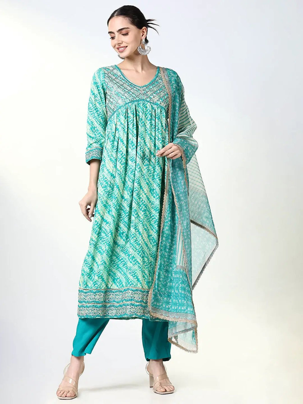 Women's Ethnic Graphic Green Anarkali Kurta Set with Dupatta