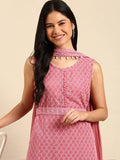 Women's Solid Pink Straight Kurta Set with Dupatta and Belt