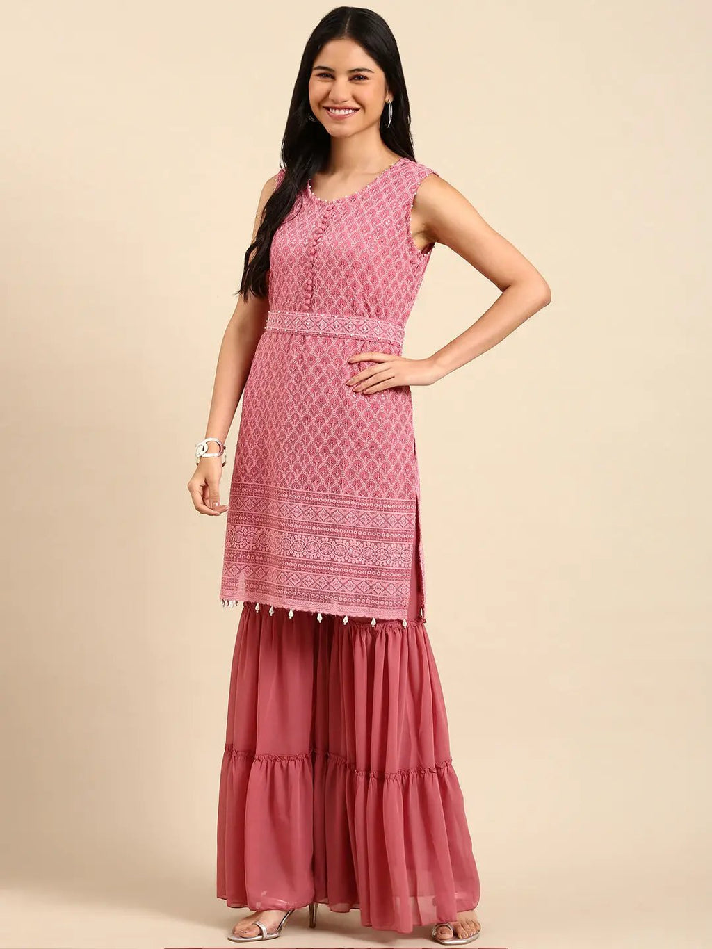 Women's Solid Pink Straight Kurta Set with Dupatta and Belt