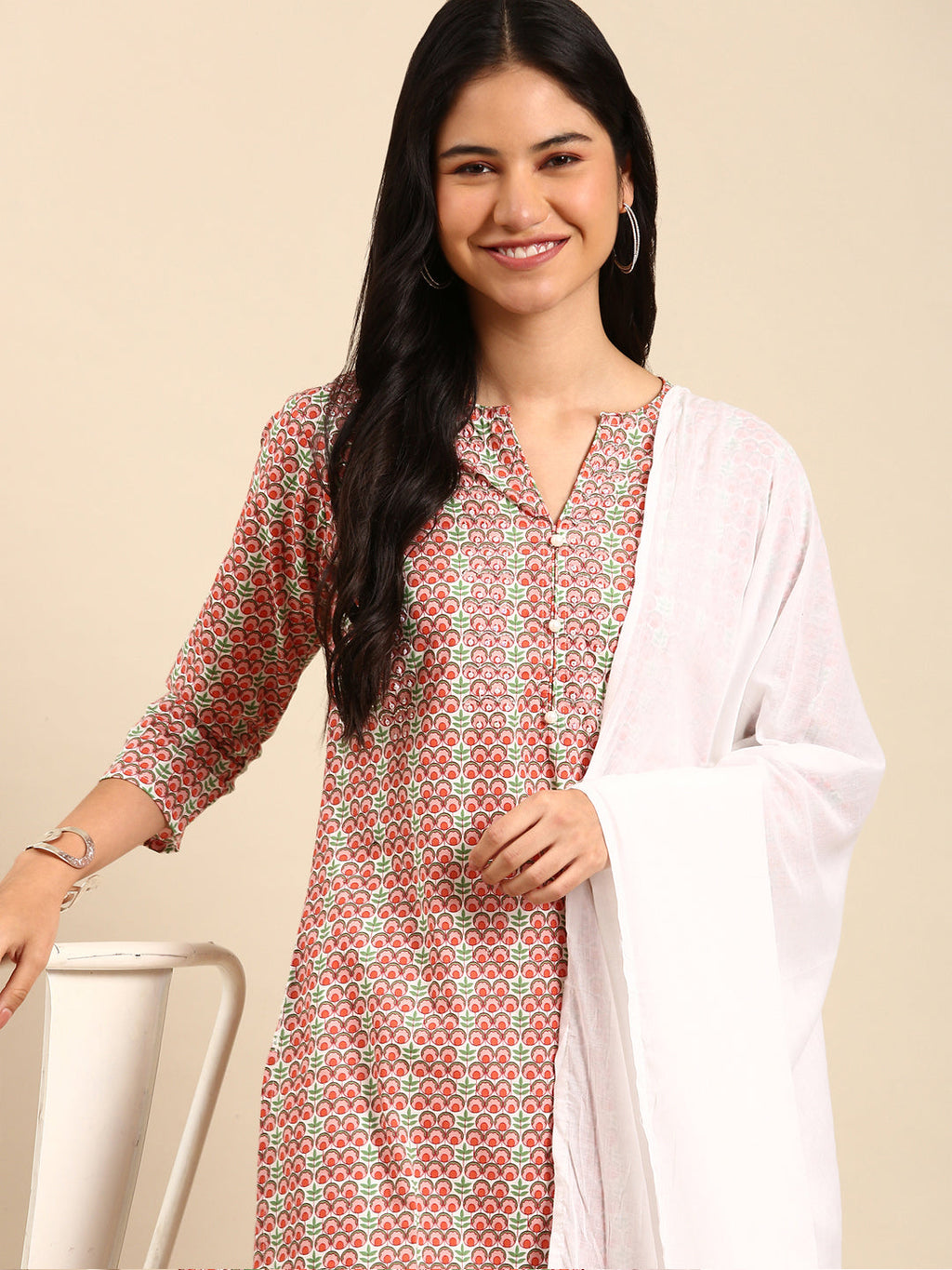 Women's Ethnic Floral Peach Straight Kurta Set with Dupatta