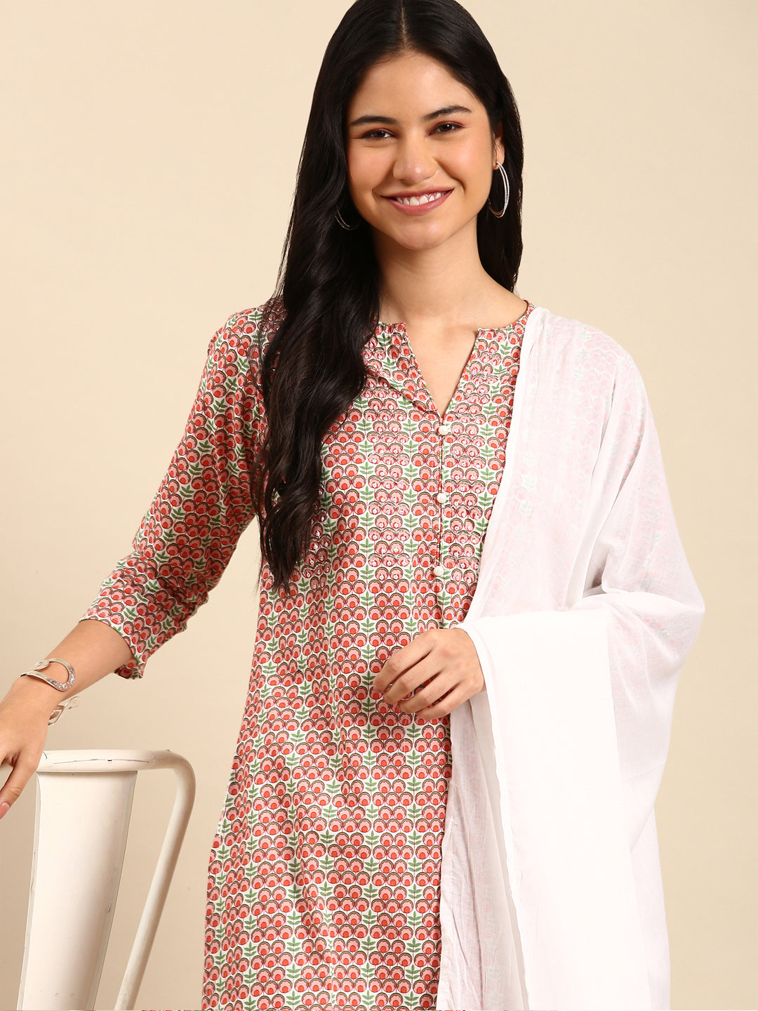 Women's Ethnic Floral Peach Straight Kurta Set with Dupatta