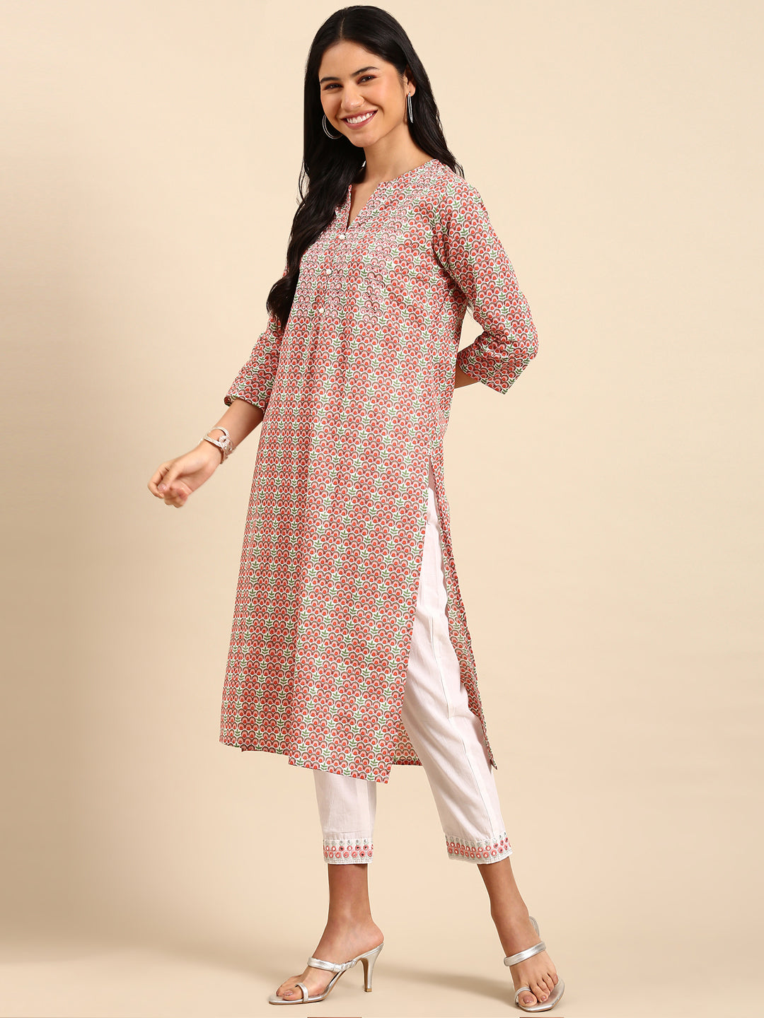 Women's Ethnic Floral Peach Straight Kurta Set with Dupatta