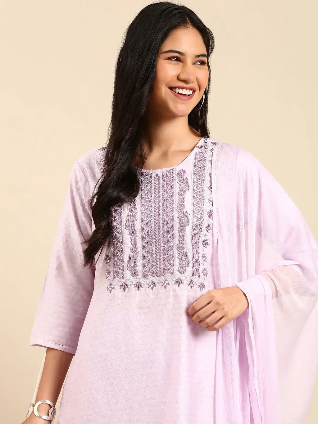 Women's Solid Purple Straight Kurta Set with Dupatta