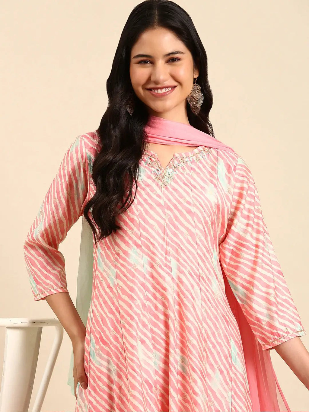 Women's Leheriya Pink Anarkali Kurta Set with Dupatta