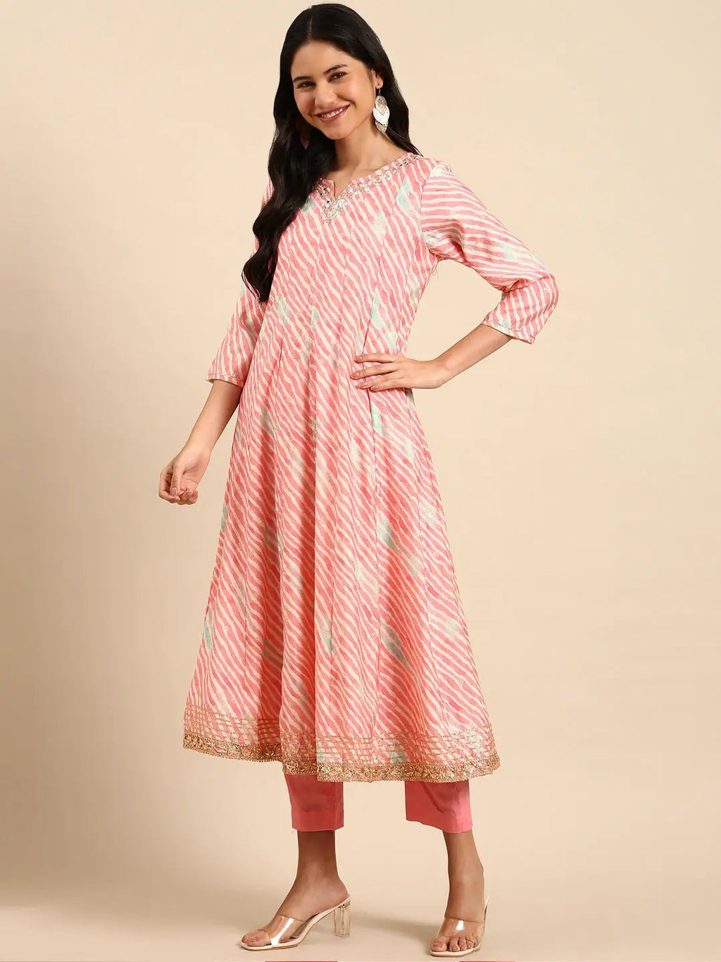 Women's Leheriya Pink Anarkali Kurta Set with Dupatta