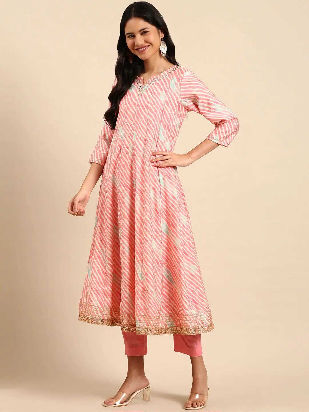 Women's Leheriya Pink Anarkali Kurta Set with Dupatta