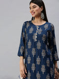 Women's Straight Blue Printed Kurta Sets With Trousers