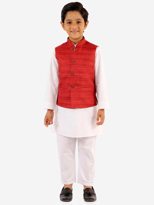 Boy's' Maroon And White Jacket, Kurta And Pyjama Set