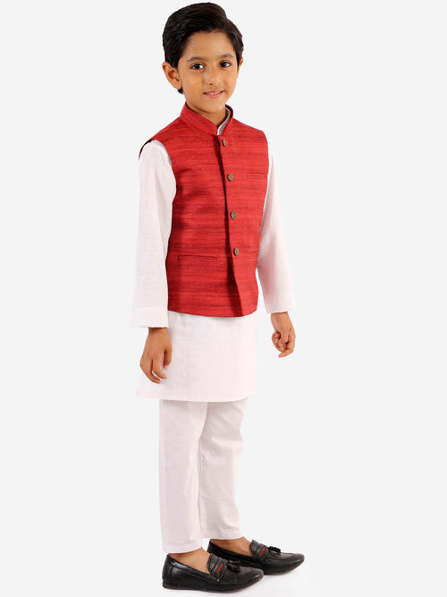 Boy's' Maroon And White Jacket, Kurta And Pyjama Set