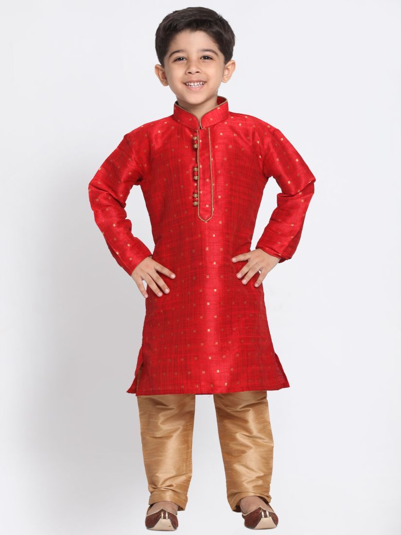VASTRAMAY Boys' Maroon Cotton Silk Blend Kurta and Pyjama Set