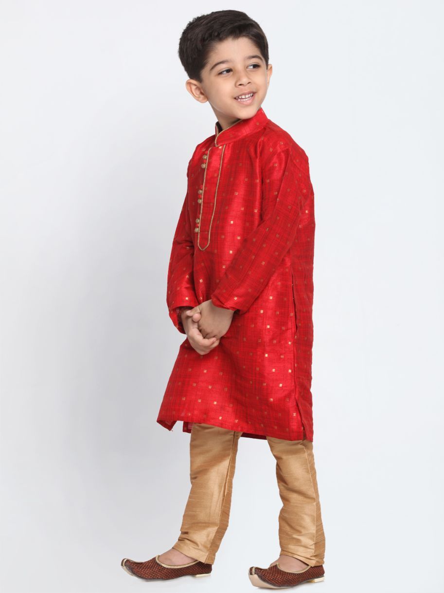 VASTRAMAY Boys' Maroon Cotton Silk Blend Kurta and Pyjama Set