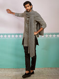 Men's Black Rayon Indo Western,Pyjama And Dupatta Set