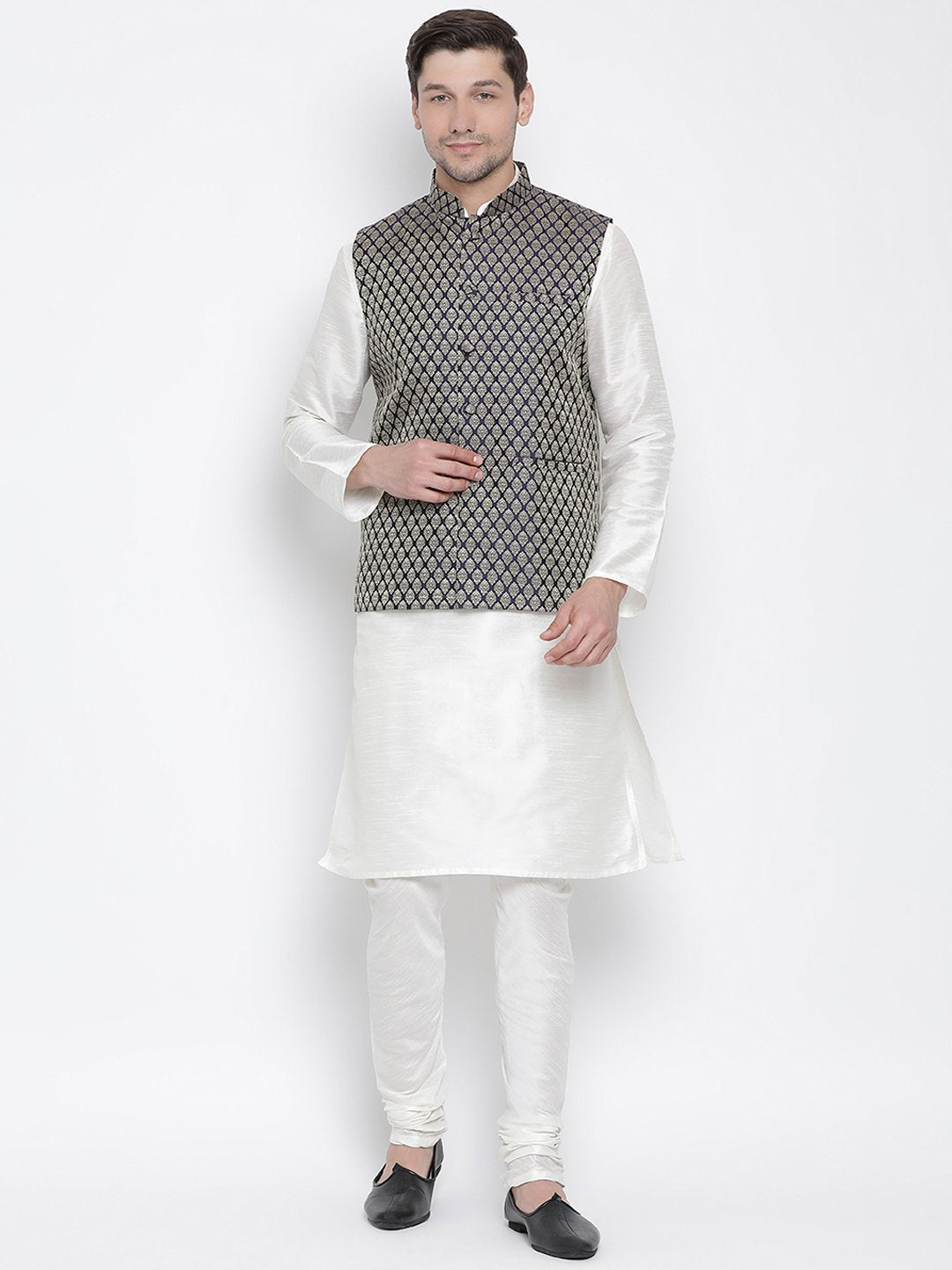 VASTRAMAY Men's Blue Silk Blend Jacket With Kurta Pyjama Set