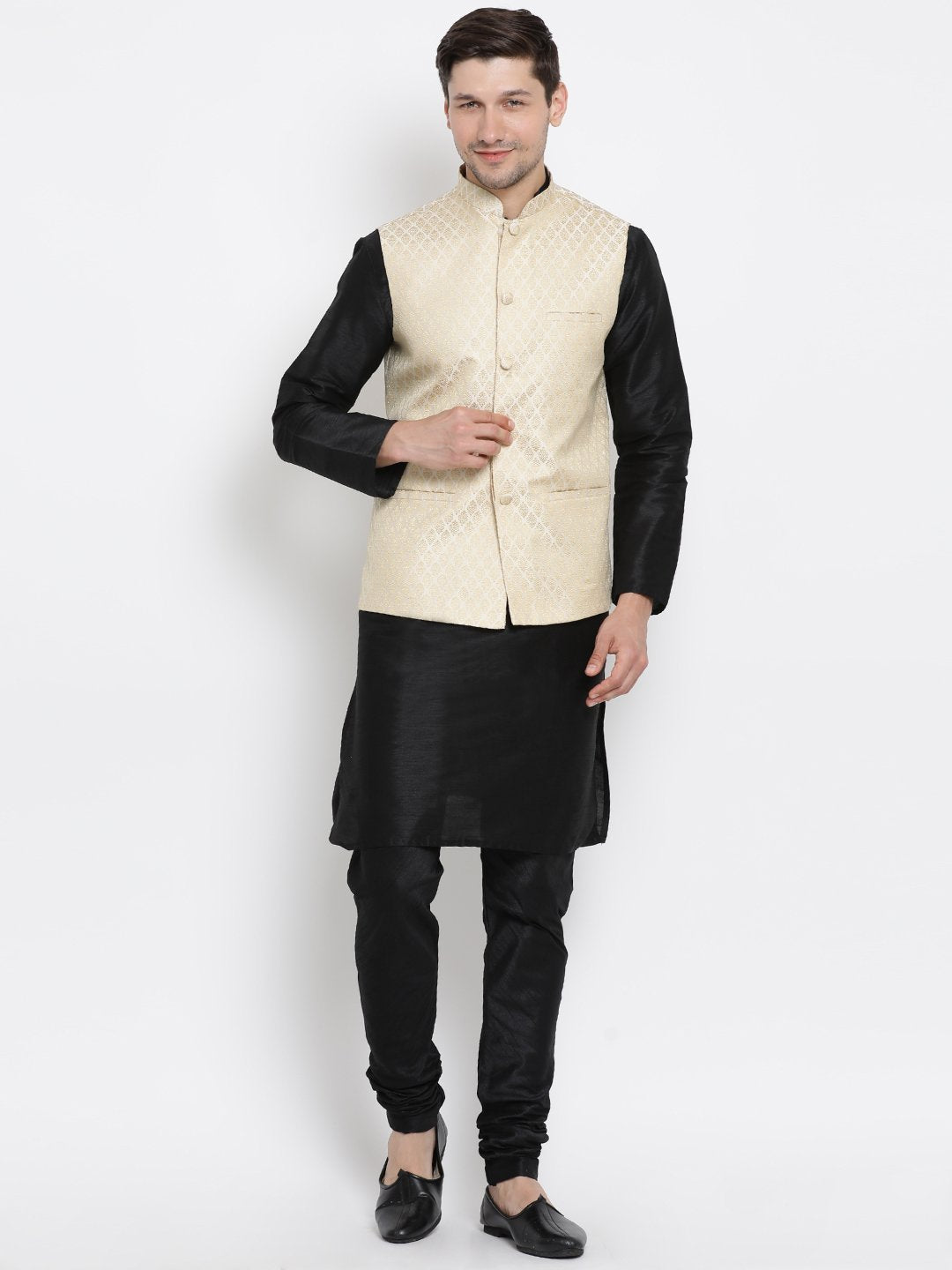 Men's Cream Silk Blend Jacket With Kurta Pyjama Set