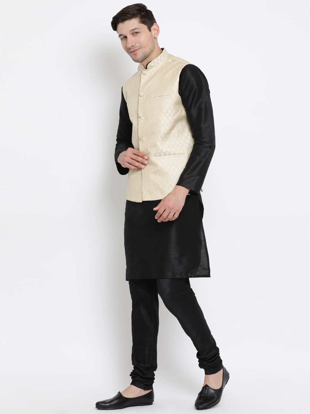 Men's Cream Silk Blend Jacket With Kurta Pyjama Set