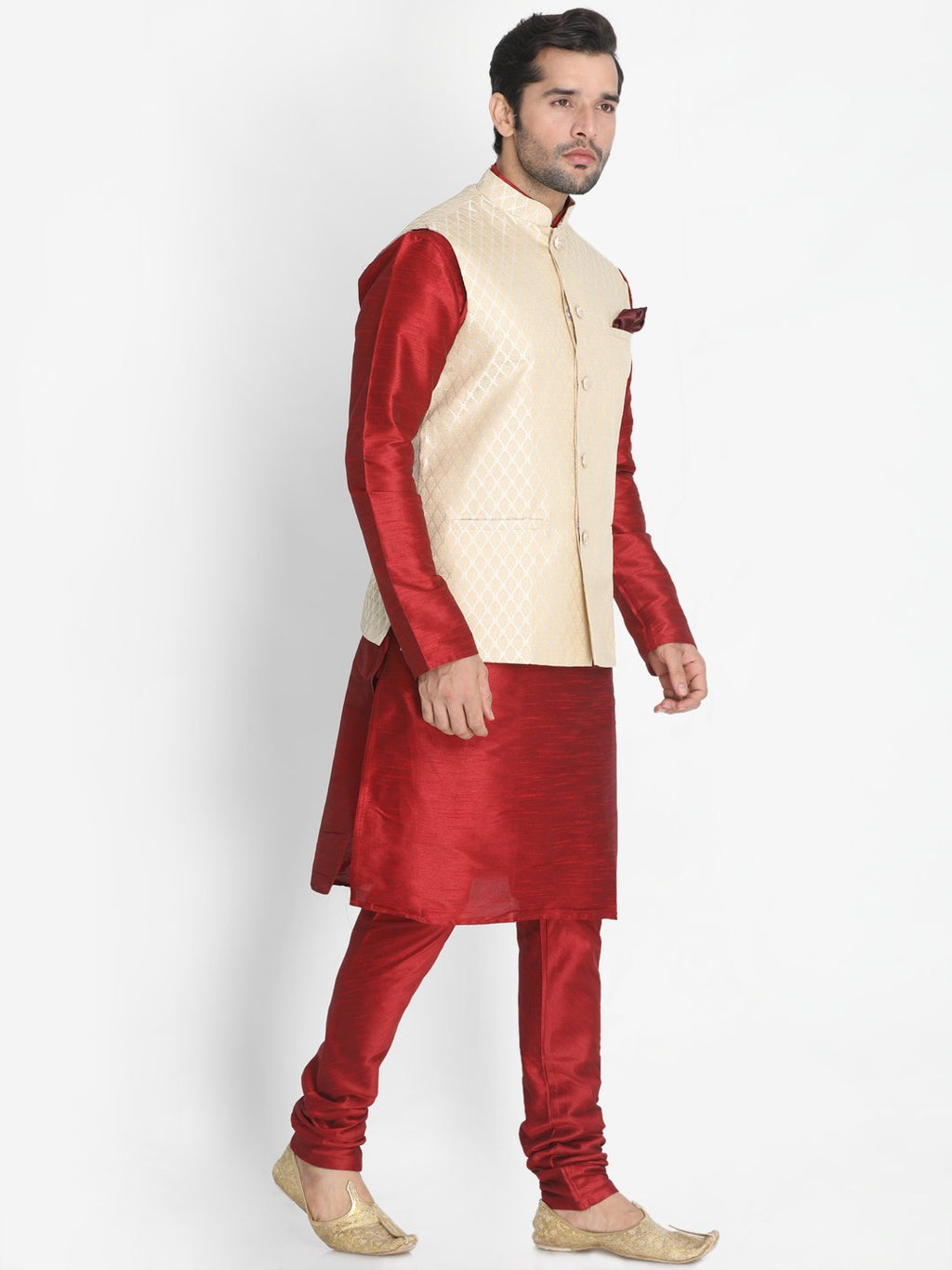 VASTRAMAY Men's Cream Silk Blend Jacket With Kurta Pyjama Set