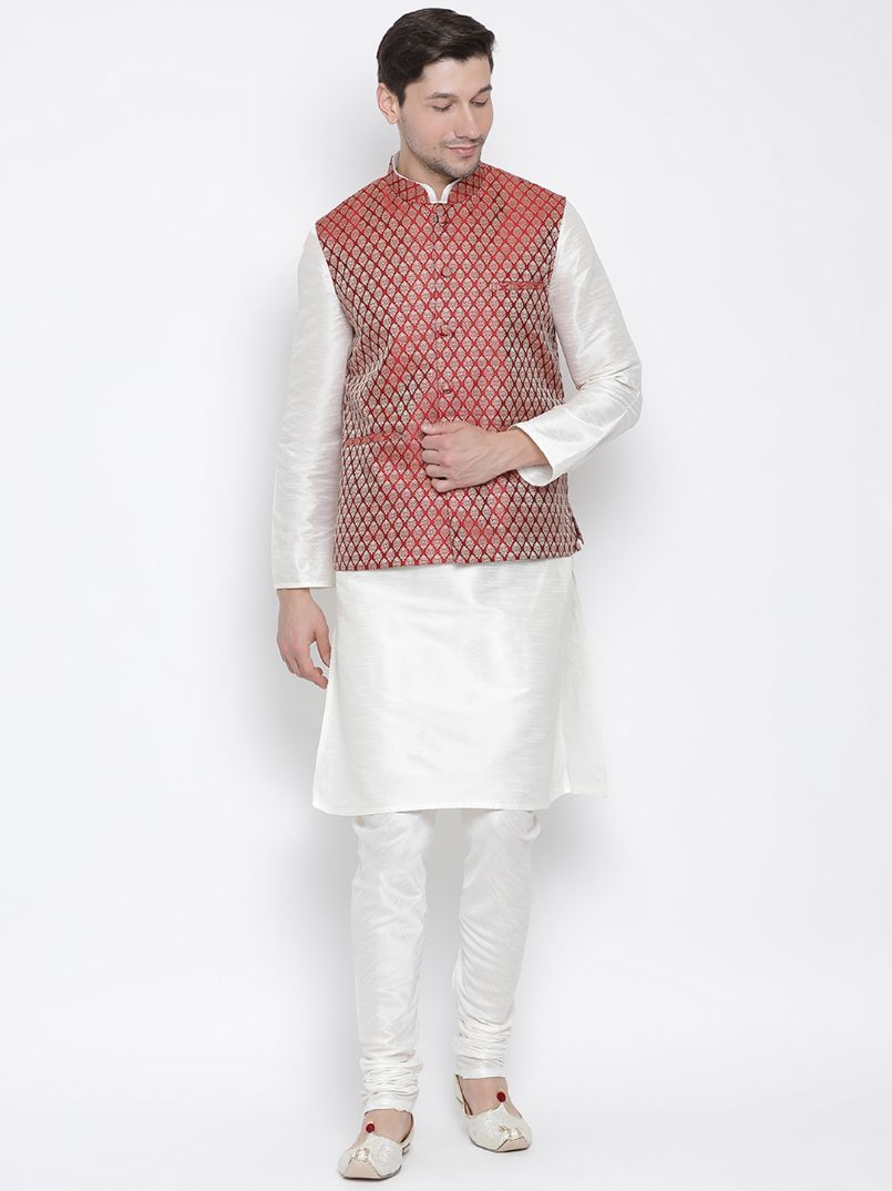 VASTRAMAY Men's Maroon Silk Blend Jacket With Kurta Pyjama Set