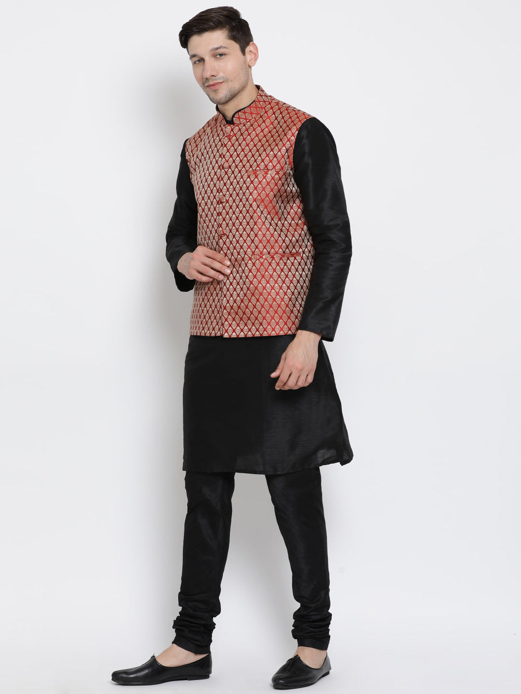 Men's Maroon Silk Blend Jacket With Kurta Pyjama Set