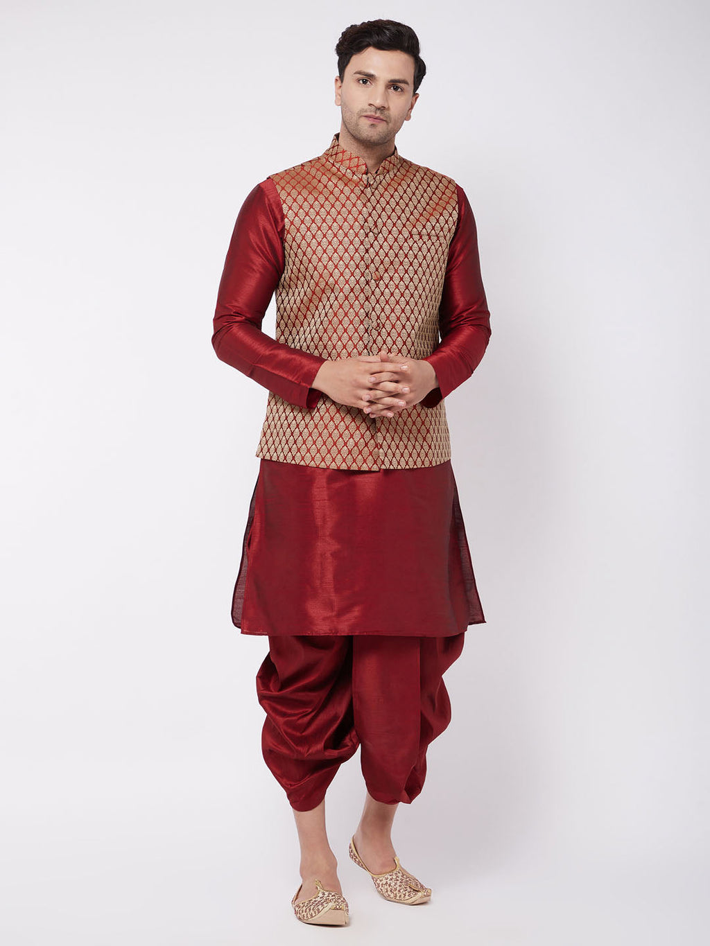Men's Maroon Silk Blend Jacket With Kurta Dhoti Set