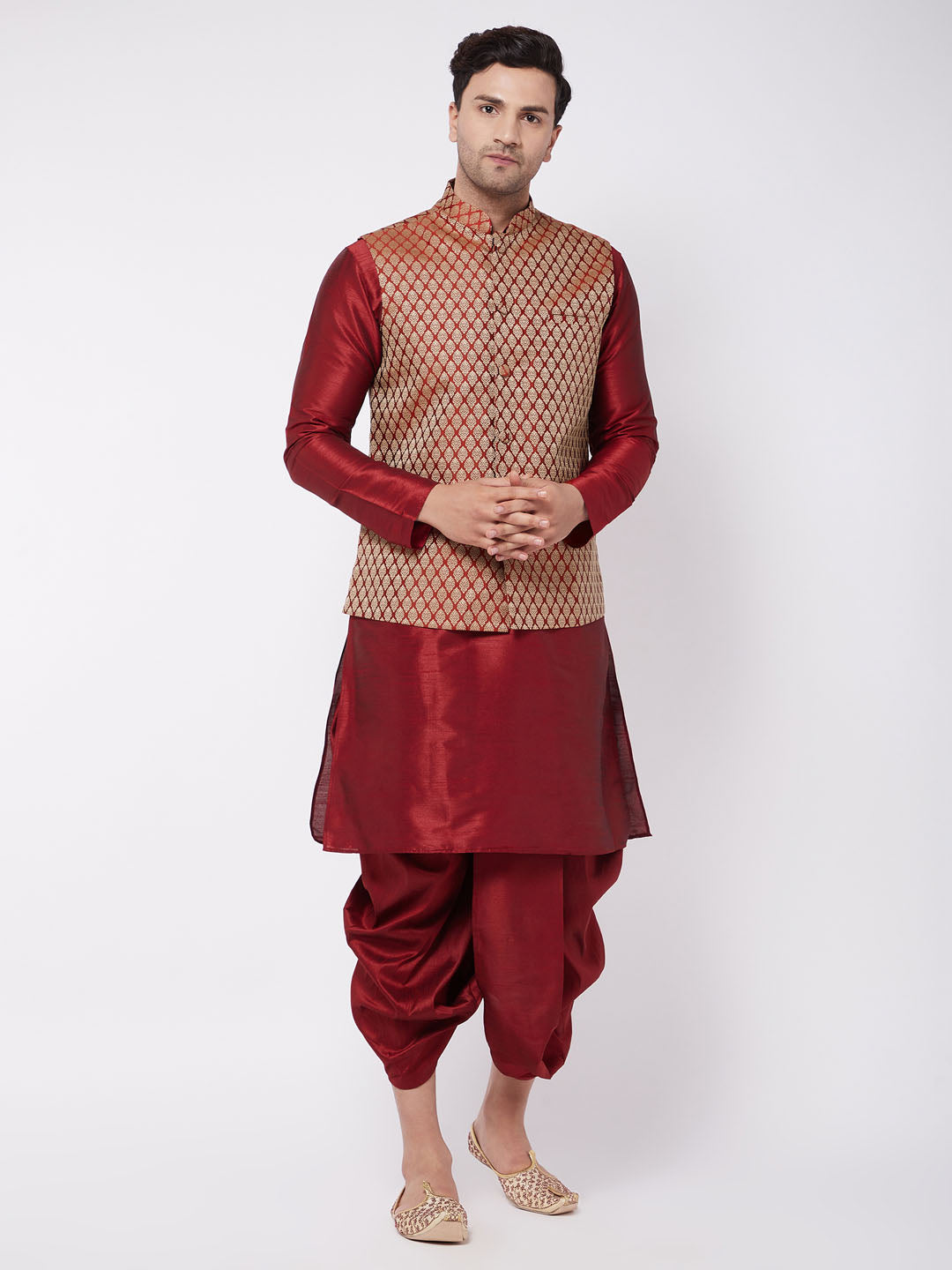 Men's Maroon Silk Blend Jacket With Kurta Dhoti Set