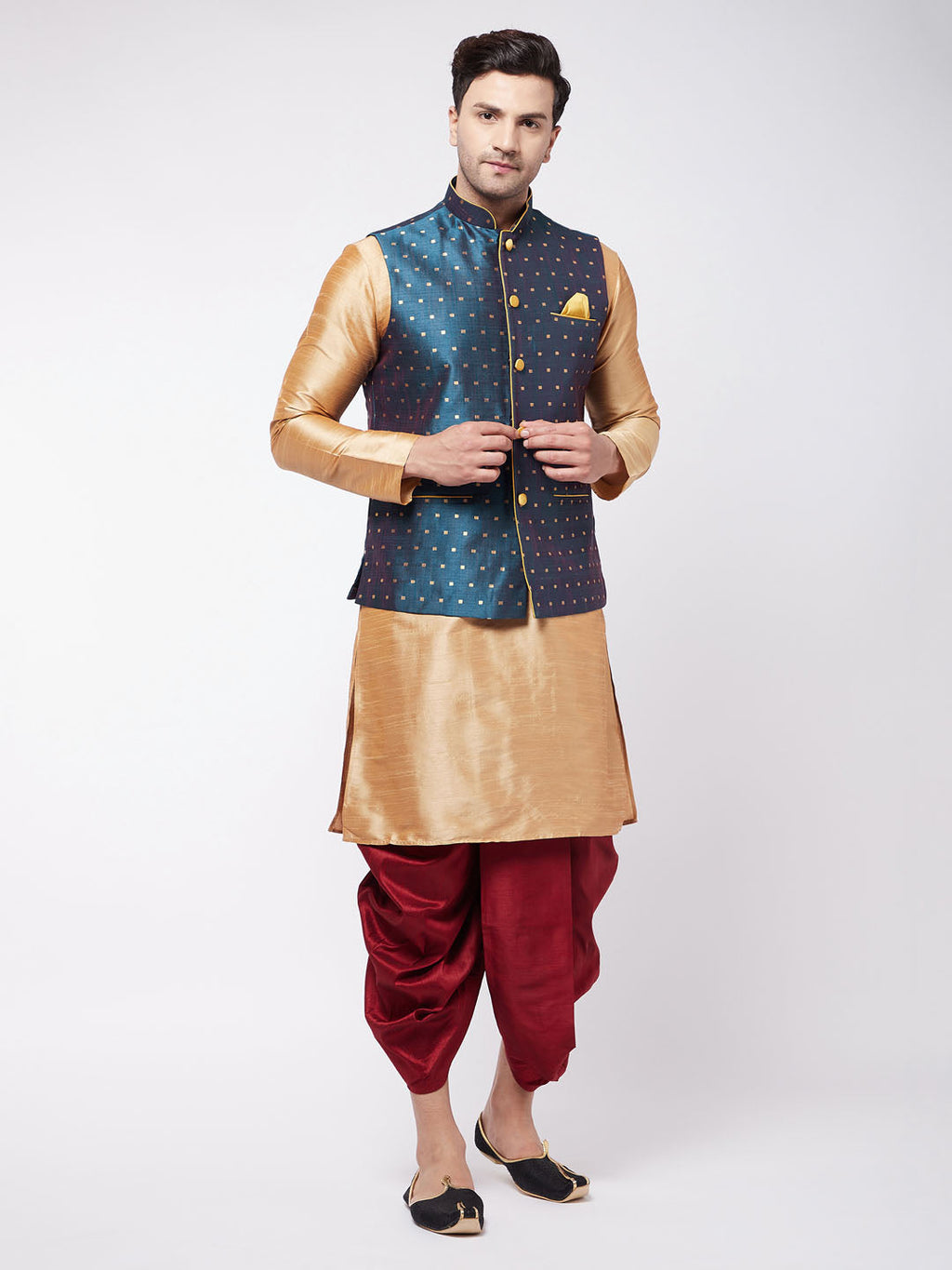 Men's Blue Zari Weaved Jacket With Kurta Dhoti Set