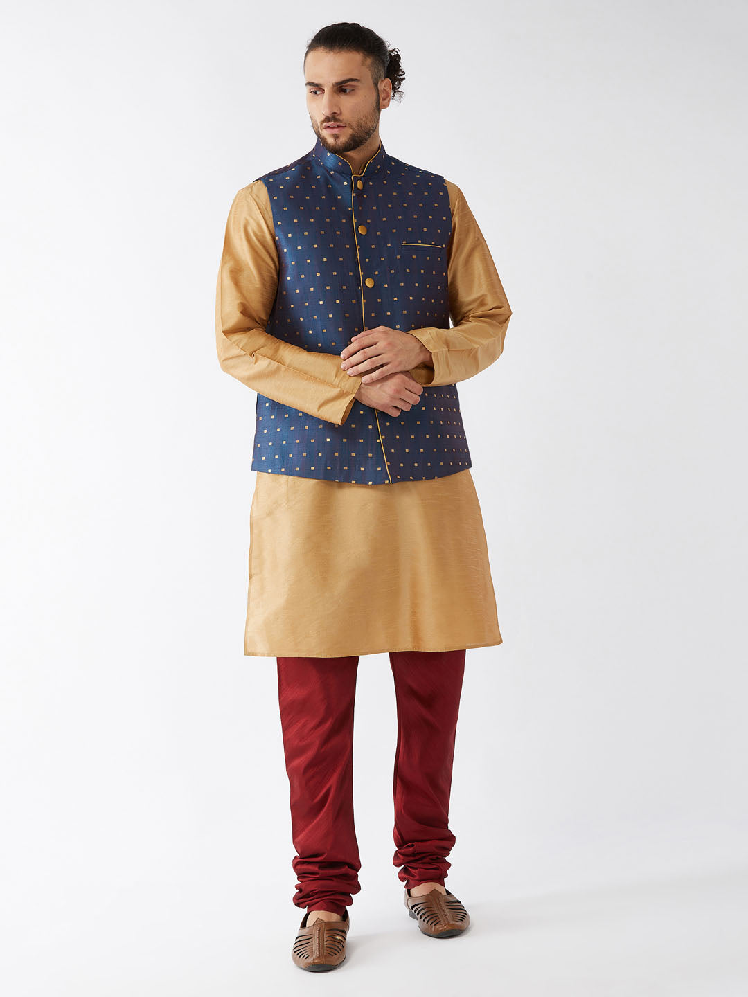 Men's Blue Zari Weaved Jacket With Kurta Pyjama Set