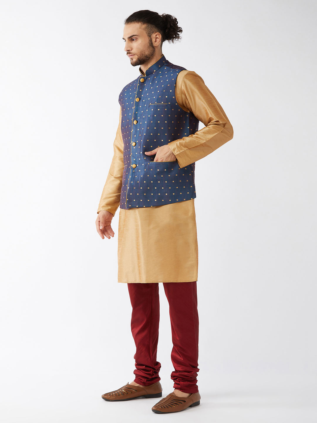 Men's Blue Zari Weaved Jacket With Kurta Pyjama Set
