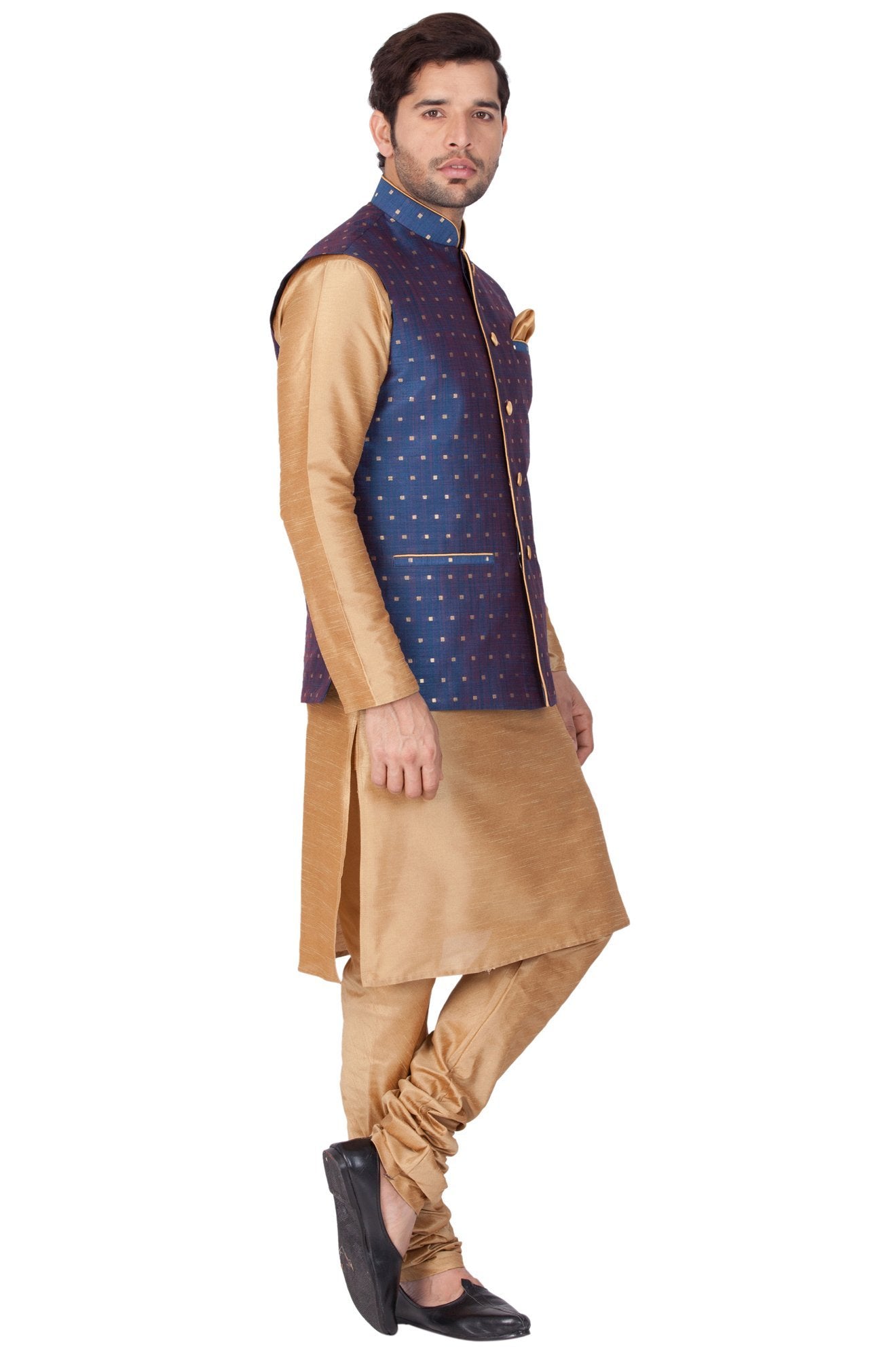 Men's Blue Zari Weaved Jacket With Kurta Pyjama Set