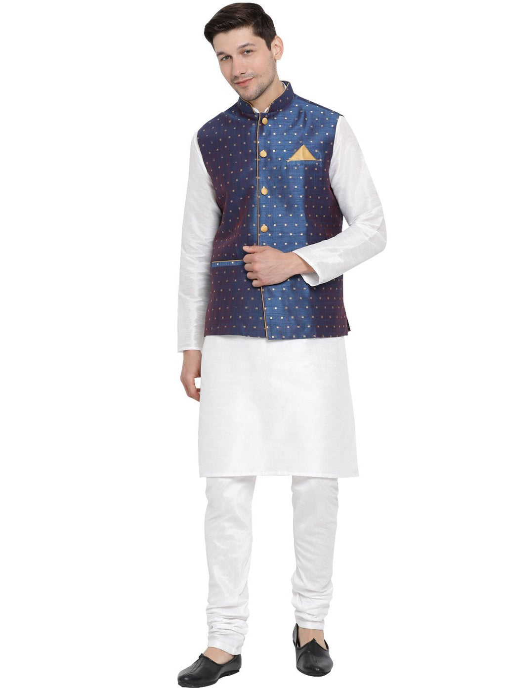 Men's Blue Zari Weaved Jacket With Kurta Pyjama Set