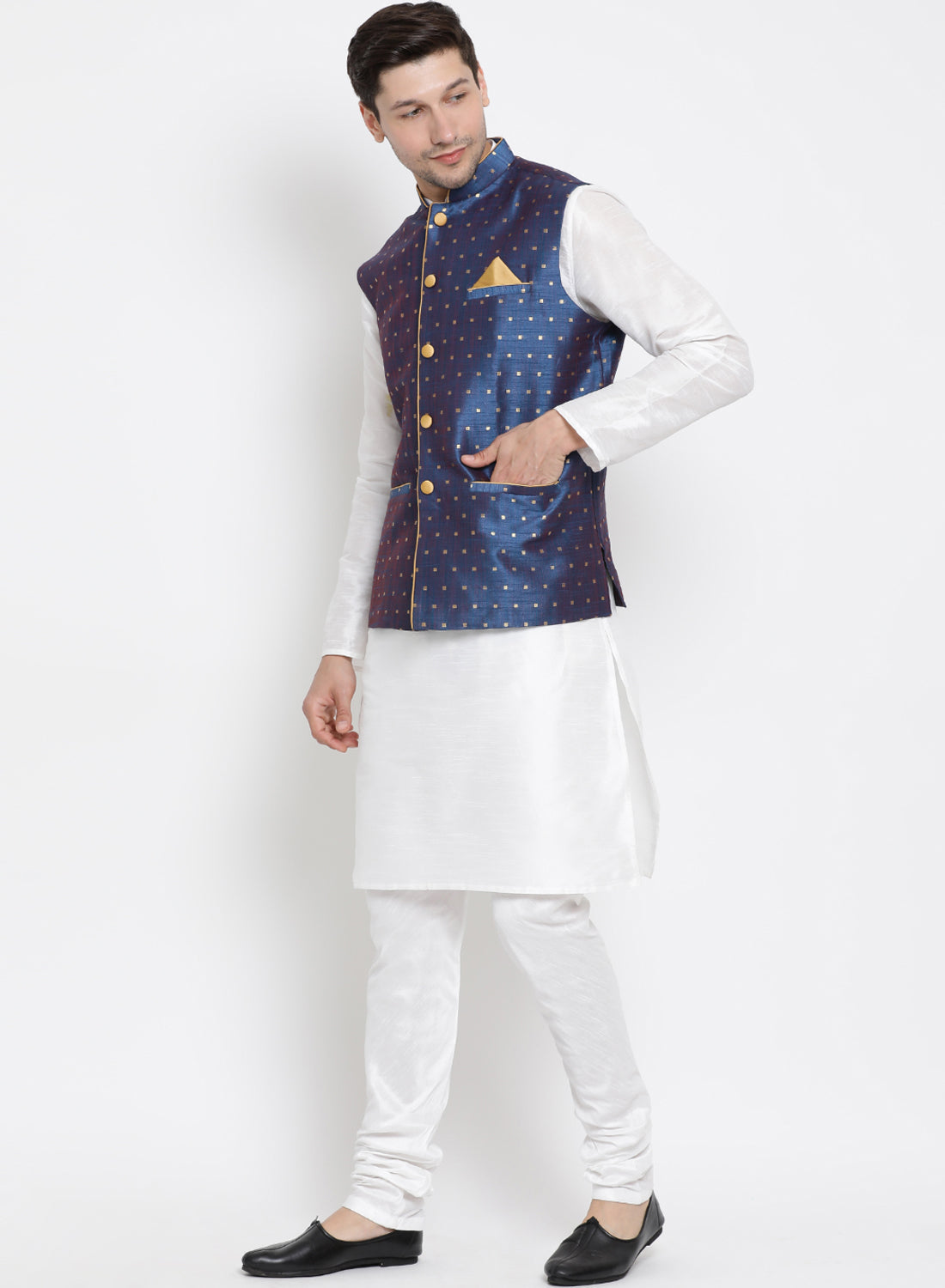 Men's Blue Zari Weaved Jacket With Kurta Pyjama Set